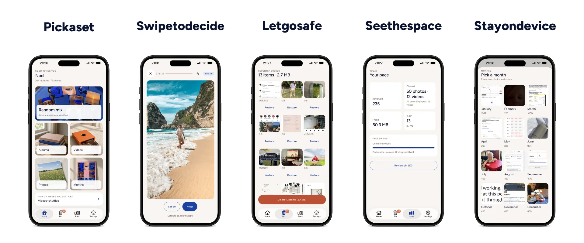 Five GoSwipe screens showing photo sets, swiping, the Bin, storage progress and monthly review