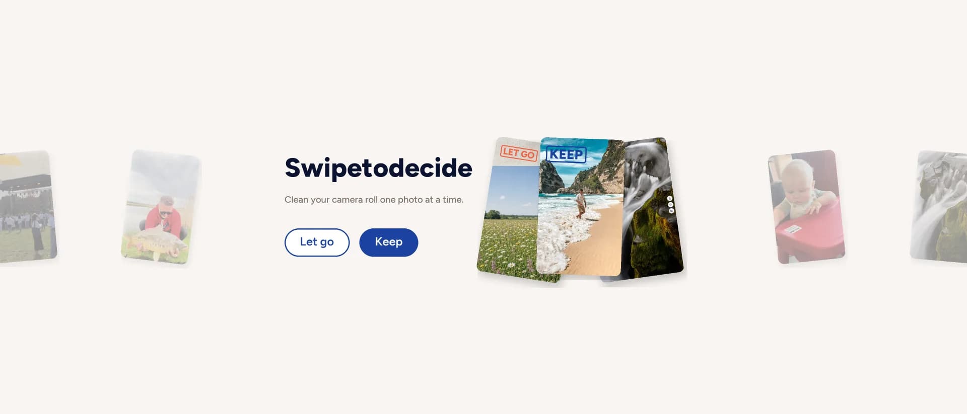 GoSwipe photo review interface with keep and let go choices
